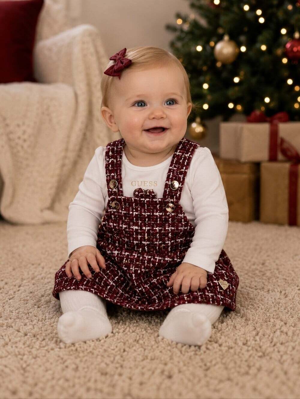NWT Guess Baby Girls 3-6M Burgundy Tweed Overall Dress Bodysuit 2PC Set